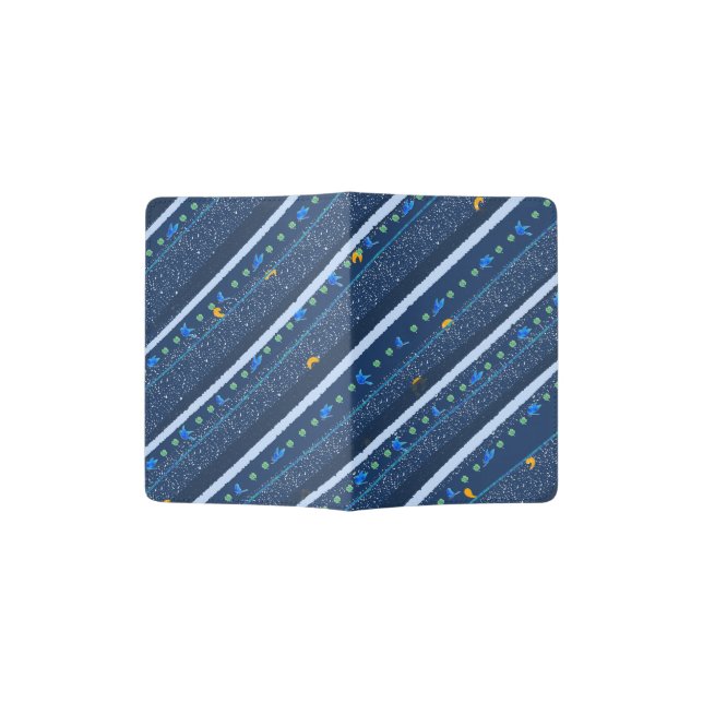 Hand drawn Abstract Blue white line stripe pattern Passport Holder (Opened)