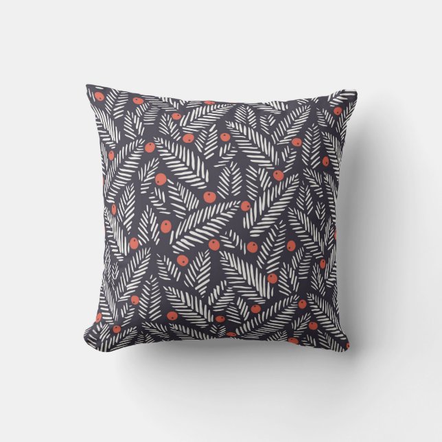 Hand drawn abstract Christmas foliage, red holy be Throw Pillow (Front)