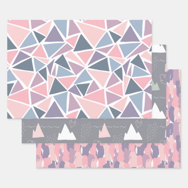 Hand drawn, abstract design, mountains, gray, pink wrapping paper sheets (Set)