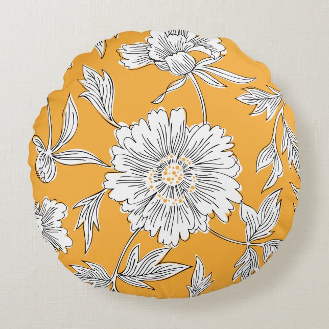 Hand drawn abstract garden flowers. Contour drawin Round Pillow (Front)