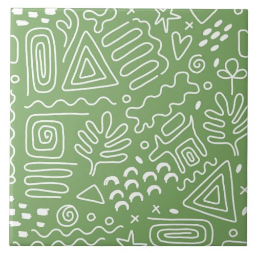 Hand drawn abstract shapes green pattern ceramic tile
