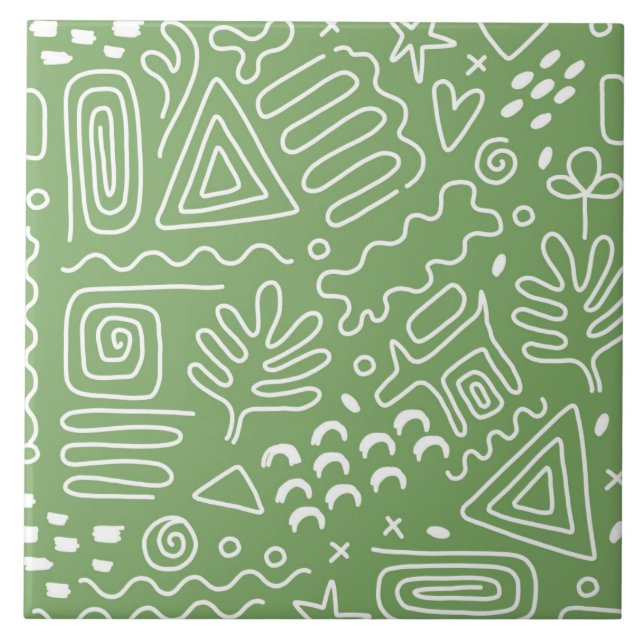 Hand drawn abstract shapes green pattern ceramic tile (Front)