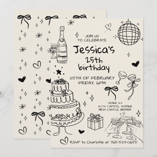 Hand Drawn Adult Handwritten Scribble Birthday  Invitation (Front/Back)