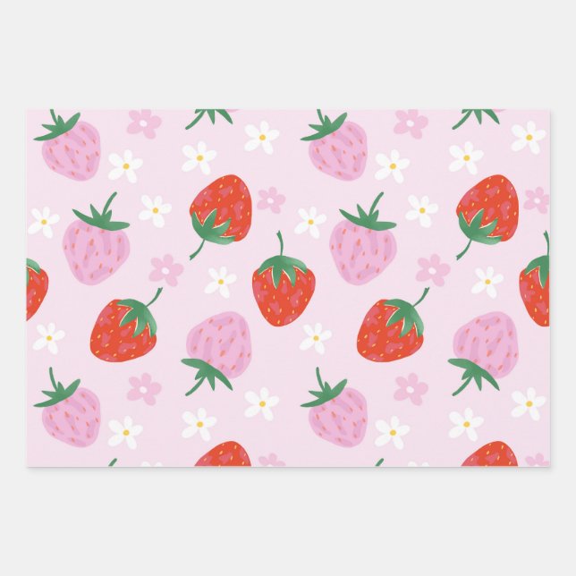Hand-Drawn Aesthetic Strawberry Seamless Pattern Wrapping Paper Sheets (Front)