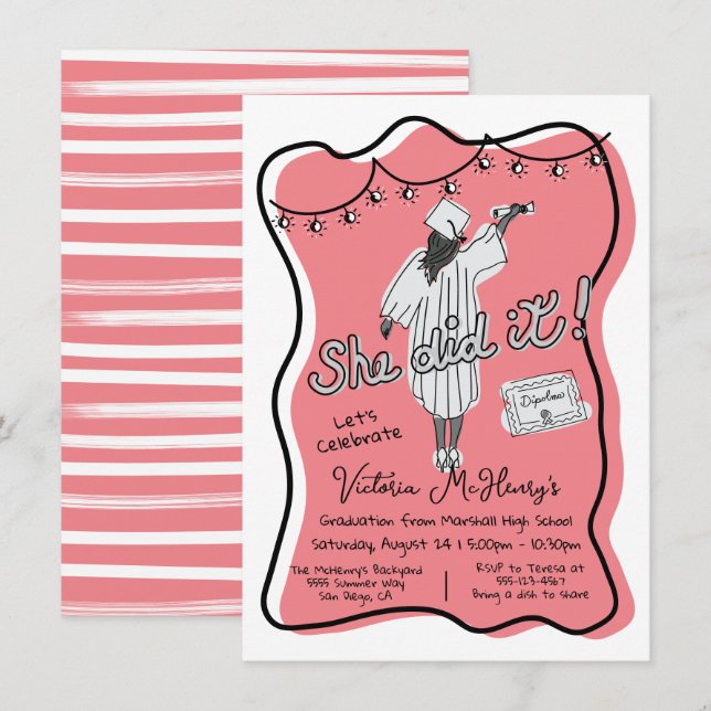 Hand drawn African American Black Graduation Invitation (Front/Back)