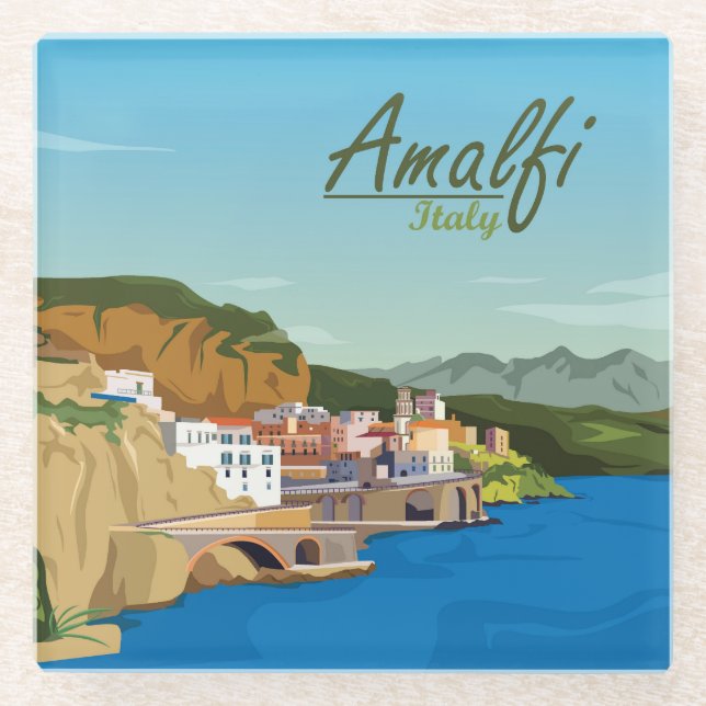 Hand Drawn Amalfi Italy Landscape Scenery Sketch Glass Coaster (Front)
