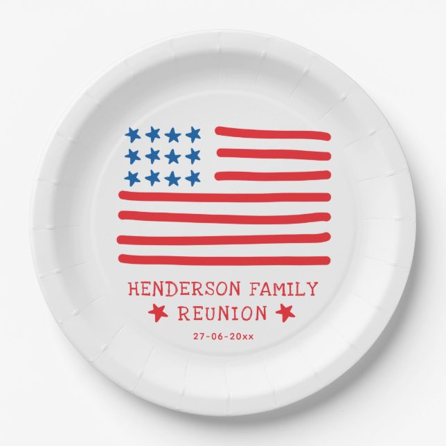 Hand Drawn American Flag - Family Reunion Paper Plates (Front)