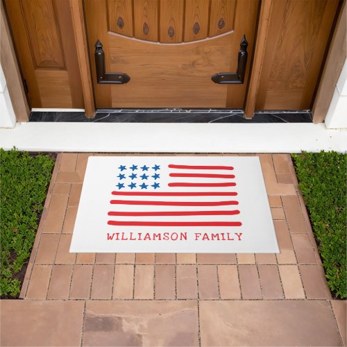 Hand Drawn American Flag  Personalized Doormat