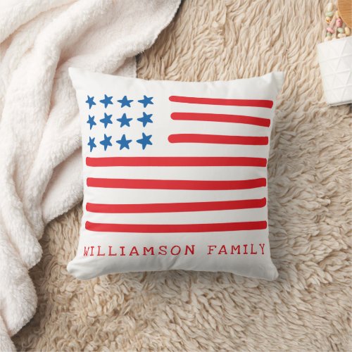 Hand Drawn American Flag  Personalized Patriotic Throw Pillow