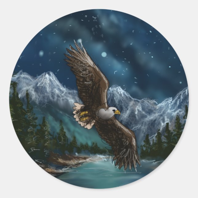 hand drawn and painted eagle in sky classic round sticker (Front)