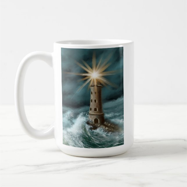 hand drawn and painted light house by the sea coffee mug (Left)