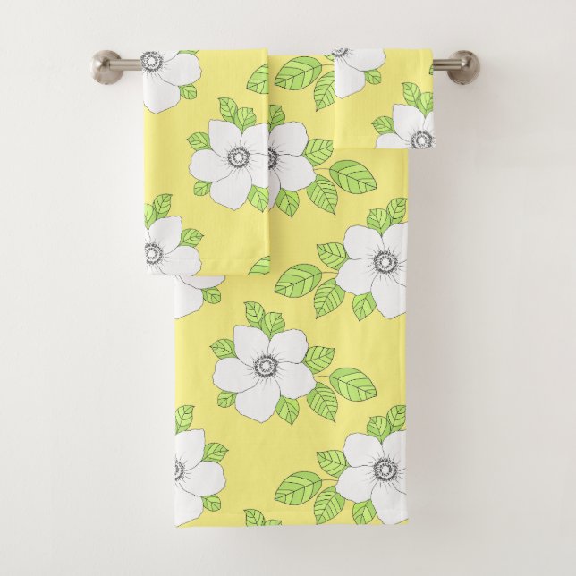 Hand Drawn Anemone Flower Pattern Bath Towel Set (Insitu)