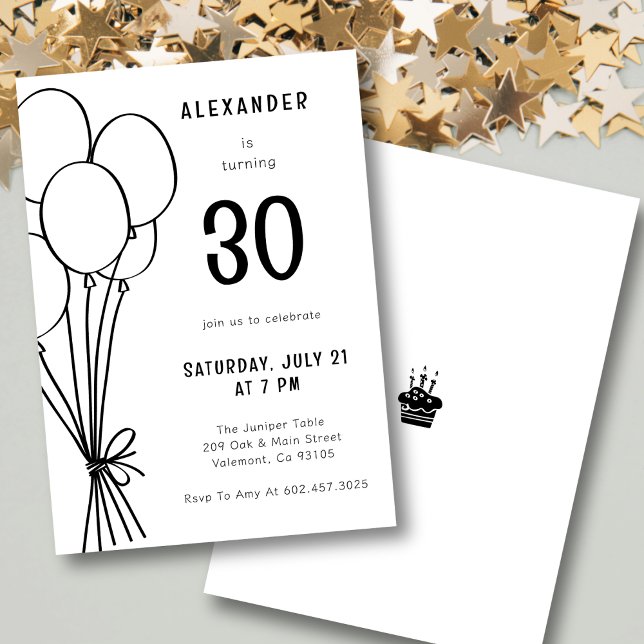 Hand Drawn Any Age Birthday Balloon Minimal Black Invitation (Creator Uploaded)