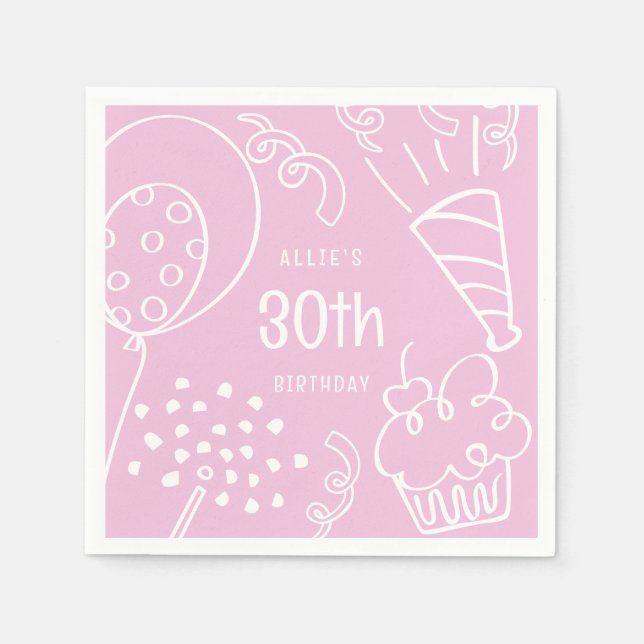 Hand Drawn Any Age Birthday Party Balloon Pink Napkins (Front)