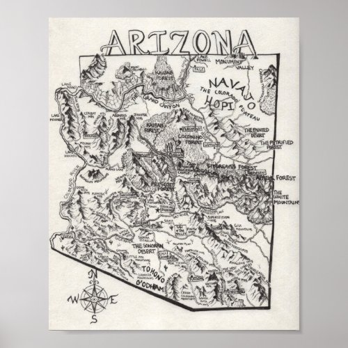 Hand Drawn Arizona Map  Poster