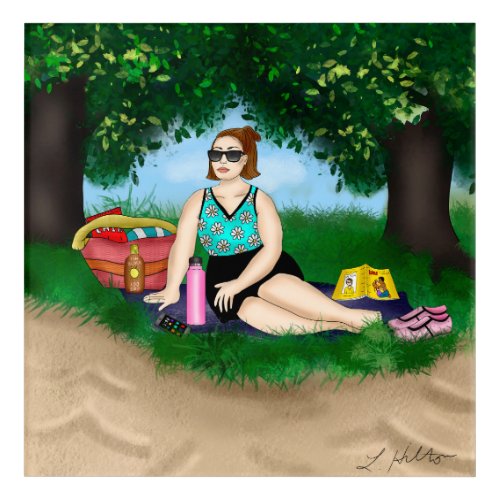 Hand drawn Art  Woman Relaxing at Beach