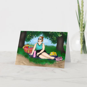 Hand drawn Art   Woman Relaxing at Beach Card