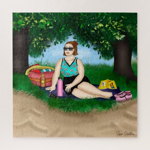 Hand drawn Art  Woman Relaxing at Beach Jigsaw Puzzle