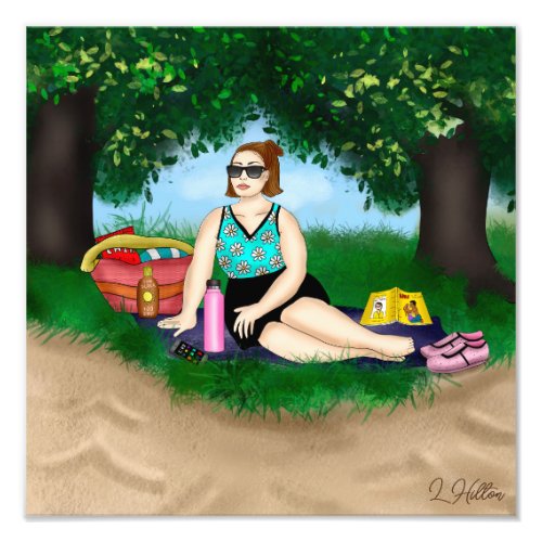 Hand drawn Art  Woman Relaxing at Beach Photo Print