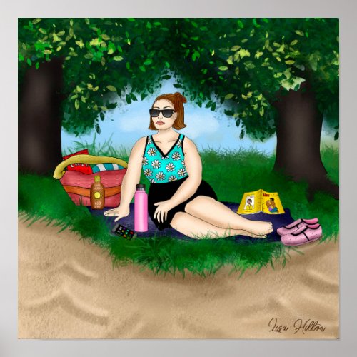 Hand drawn Art  Woman Relaxing at Beach Poster
