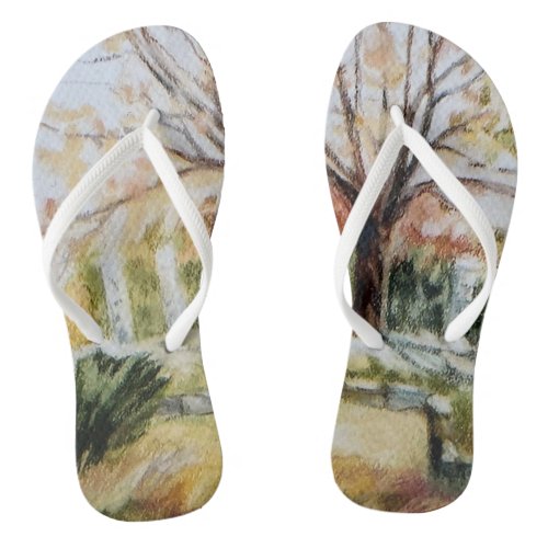 Hand drawn artwork fall park nature tree and grass flip flops