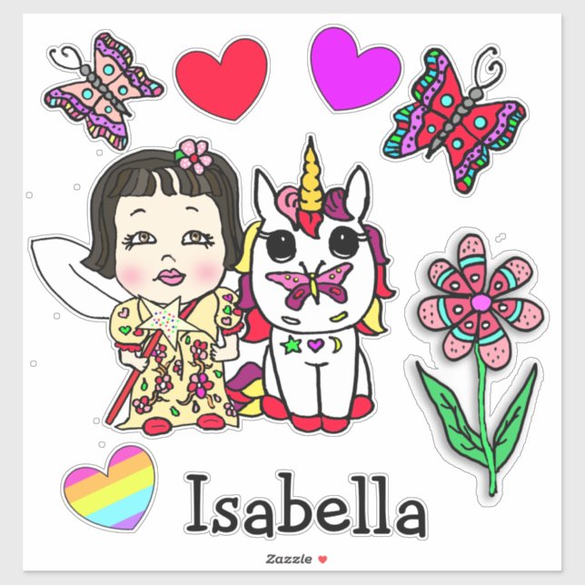 Hand Drawn Asian Fairy, Unicorn and Name Sticker (Sheet)