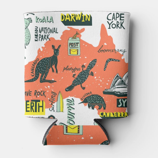 Hand-drawn Australian attractions, typography post Can Cooler (Front)