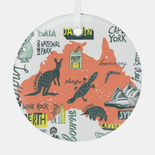 Hand-drawn Australian attractions, typography post Glass Ornament