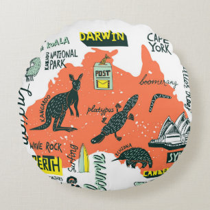 Hand-drawn Australian attractions, typography post Round Pillow