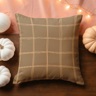 Hand Drawn Autumn Brown and Cream Grid Throw Pillow