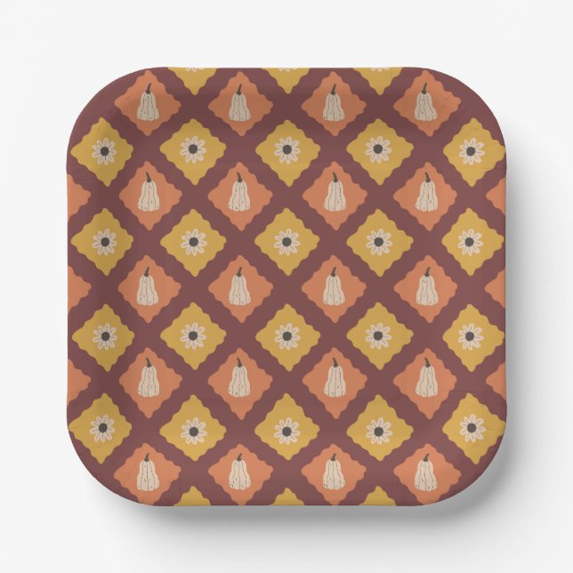 Hand Drawn Autumn Diamond Pattern Paper Plates (Front)