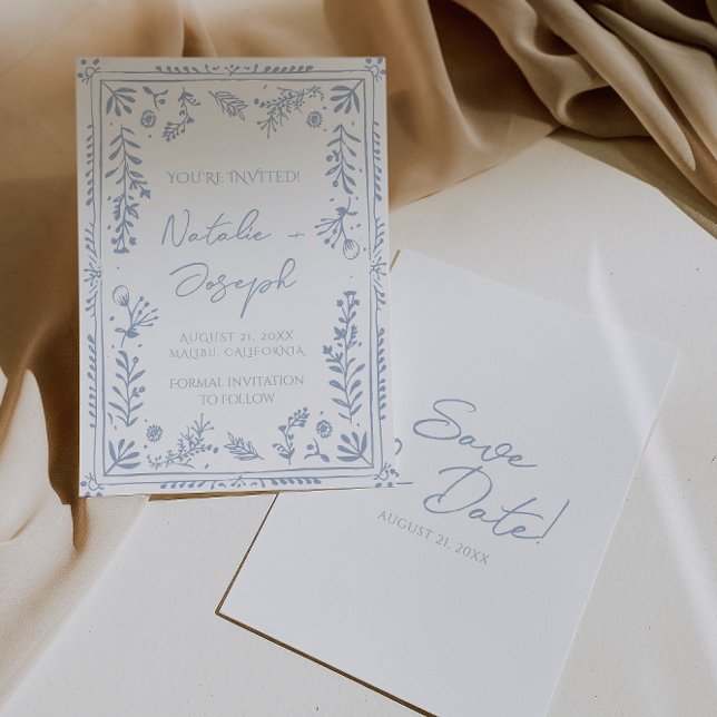Hand Drawn Azure Blue Floral Garden Whimsy Wedding Save The Date (Creator Uploaded)