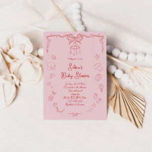 Hand Drawn Baby Shower, Bow Baby Girl Handwritten  Invitation