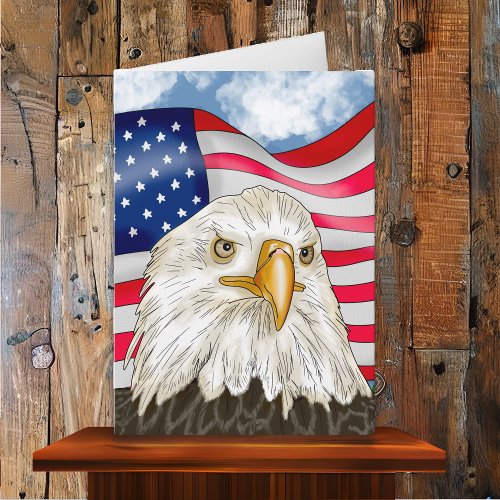 Hand Drawn Bald Eagle and American Flag Birthday Card