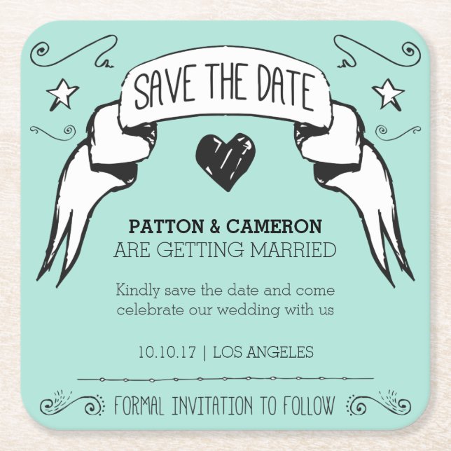 Hand Drawn Banner Save the Date Coaster (Front)