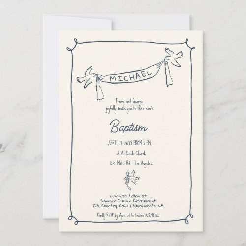 Hand drawn Baptism invitation with doves