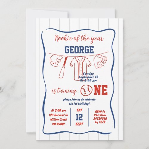 Hand Drawn Baseball 1st Birthday Invitation