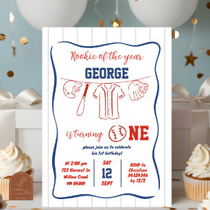 Hand Drawn Baseball 1st Birthday Invitation