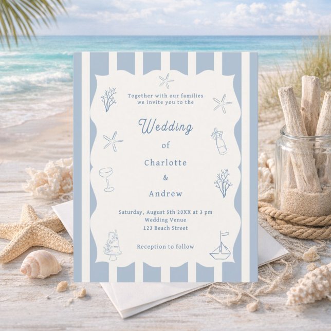 Hand drawn beach blue ivory wedding invitation (Creator Uploaded)