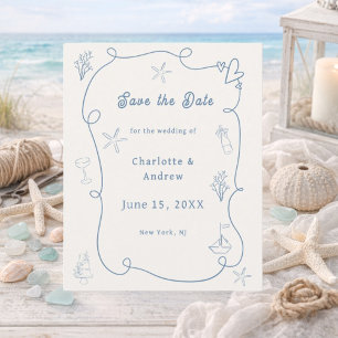 Hand drawn beach blue ivory wedding Save the Date