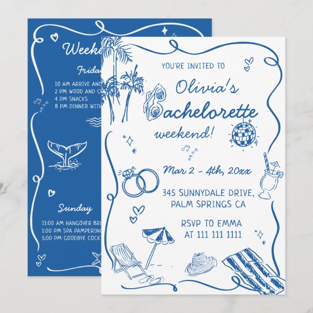 Hand Drawn Beach Coastal Bachelorette Invitation (Front/Back)