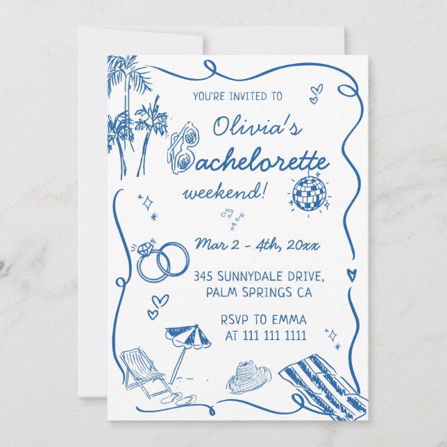 Hand Drawn Beach Coastal Bachelorette Invitation (Front)