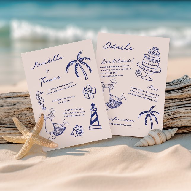 Hand Drawn Beach Doodles All in One Wedding Invitation (Creator Uploaded)