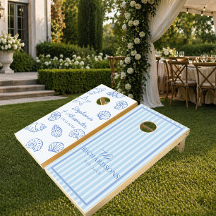 Hand Drawn Beach Dusty Blue Stripes Custom Wedding Cornhole Set