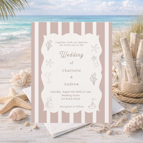 Hand drawn beach ivory taupe wedding invitation