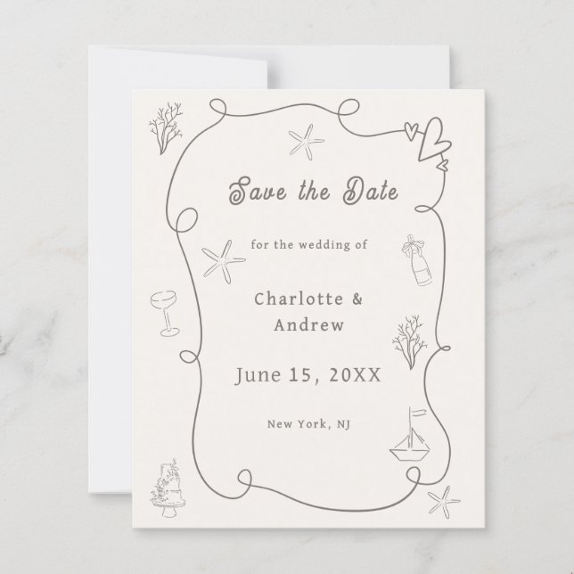 Hand drawn beach ivory taupe wedding Save the Date (Front)