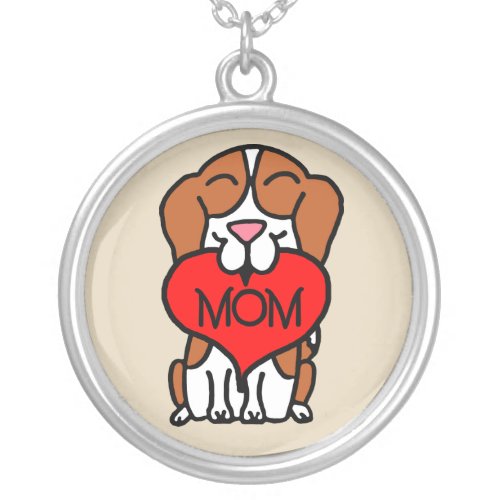 Hand Drawn Beagle Heart Mom Silver Plated Necklace
