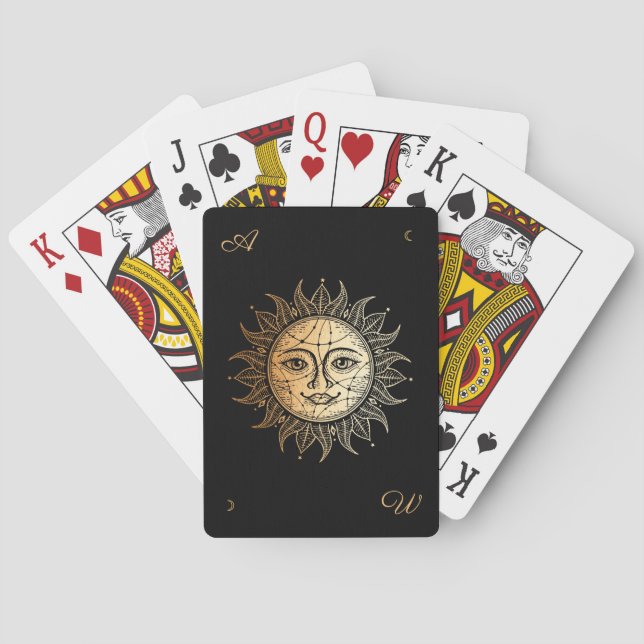 Hand Drawn Beautiful Celestial Sun Face Star Poker Cards (Back)
