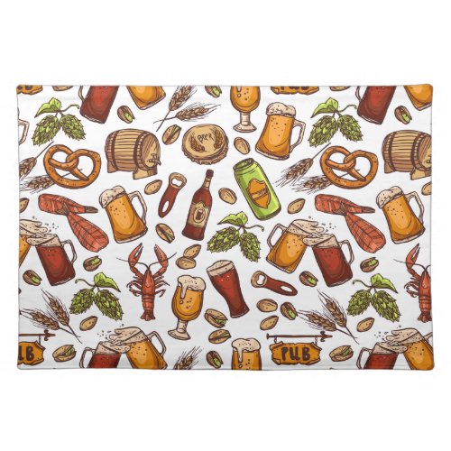 Hand Drawn Beer and Snacks Pattern Cloth Placemat