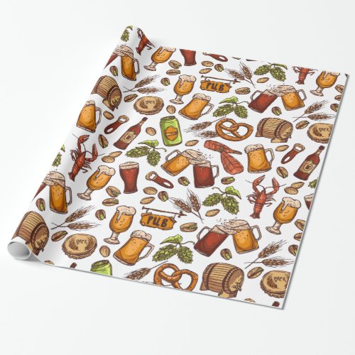 Hand Drawn Beer and Snacks Pattern Wrapping Paper